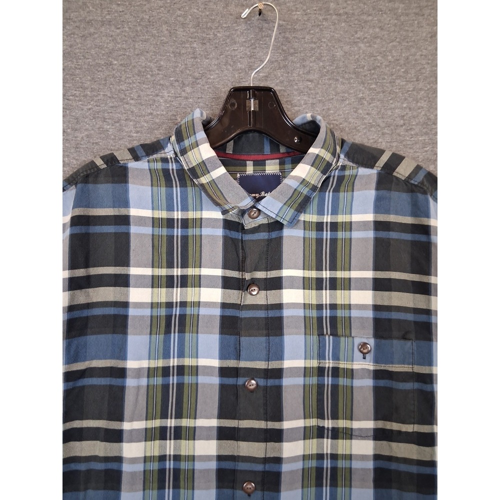 Tommy Bahama Shirt Mens XL Blue Black Plaid 100% Silk Resort Button Up Casual